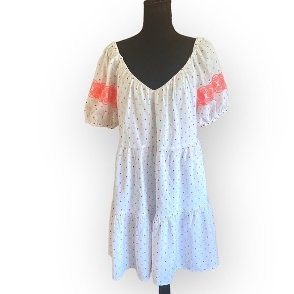 Embroidered Dot Tiered Swing Dress White Multicolored Garden Girl Women’s Large - Picture 1 of 14